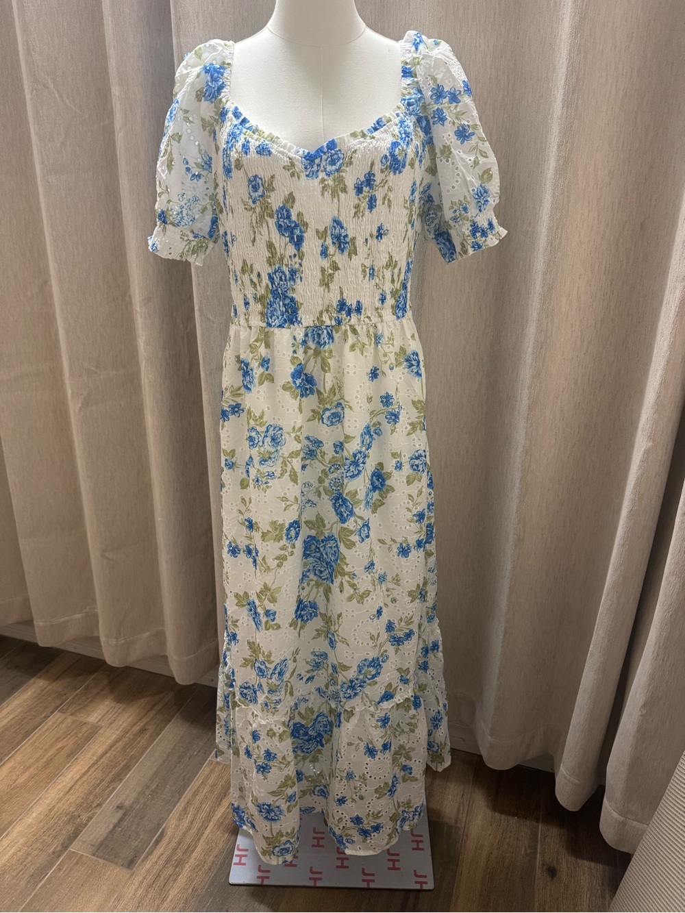 #79 Pretty Garden Blue Floral Puff-Sleeve Maxi Dress A Line Smocked Eyelet - Picture 6 of 11